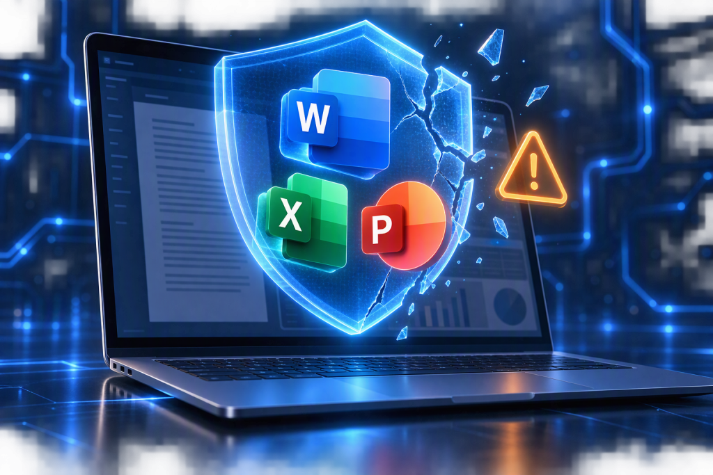 Fin de soporte de Office 2021: escudo de seguridad agrietado sobre los iconos de Word, Excel y PowerPoint