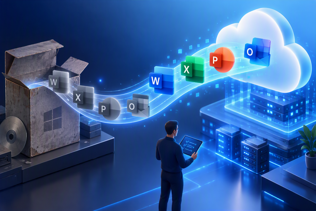 Fin de soporte de Office 2021: iconos de Office migrando de una caja de software antigua a la nube de Microsoft 365