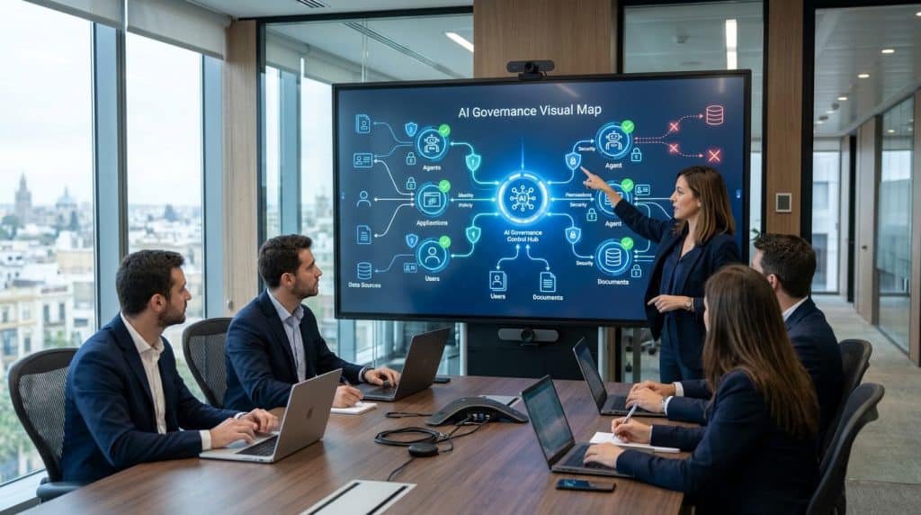 Shadow AI: equipo de TI revisando un mapa de gobierno de la IA que conecta agentes, aplicaciones, usuarios y datos