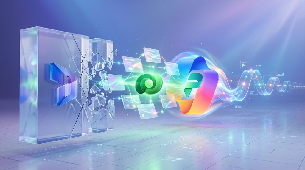 Roadmap Dynamics 365: bloque de cristal con el logotipo de Dynamics 365 que se rompe y libera tarjetas de funcionalidades hacia Dataverse y Copilot