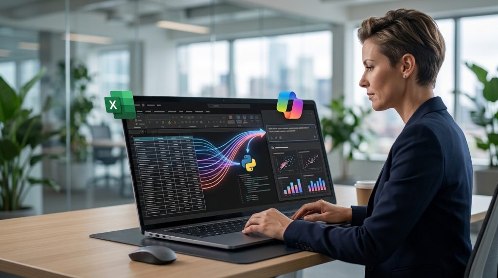 Python en Excel: analista de negocio trabajando en Excel con el panel de Copilot, mientras los datos de la tabla pasan por Python y se convierten en gráficos